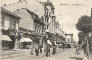 Miskolc, Széchenyi utca, Hattyú gőzmosoda, Apollo színház (mozi), Tulipán divatcsarnok, Fonciere Pesti Biztosító Intézet fiókja, üzletek. Kiadja Grünwald Ignác