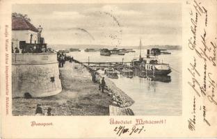 1901 Mohács, Dunapart, kikötő gőzhajóval, több dunai hajómalom. Kiadja Weiser Miksa / Danube boat mills (ship mill) + BROD-NAGYKANIZSA 26. sz. vonat pecsét (EK)