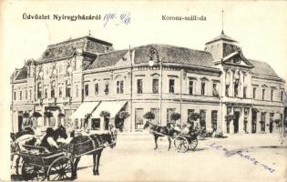 1911 Nyíregyháza, Korona szálloda, hintók. Kiadja Klein Ármin 409. (EK)