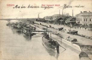1909 Szeged, Alsó tiszaparti kikötő, rakpart, uszályok, híd (Rb)