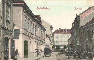 1909 Székesfehérvár, Sas utca, Grosz József, Stern Miksa üzlete, Szálloda a Fekete Sashoz, kávéház, hintók, konflisok (EK)