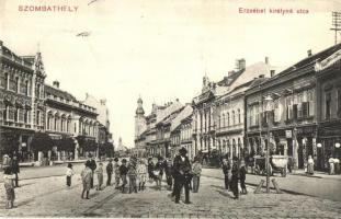 1912 Szombathely, Erzsébet királyné utca, Hirsch Samu, Réti Jenő, Bozsics, Meinl Gyula üzlete, Babics Gyógyszertár reklámja egy házfalon (EK)