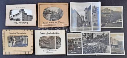 Egy doboznyi (kb. 80 db) főleg RÉGI külföldi városképes mini füzet fotókkal / Cca. 80 mainly pre-1945 mini European town-view souvenir photo booklets in a box
