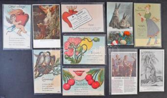 Egy doboznyi (kb. 800 db) RÉGI motívumlap, sok művészlap, üdvözlőlap, hölgyek, folklór, vallás / Cca. 800 pre-1945 motive cards in a box, many greeting cards, art postcards, ladies, folklore, religion
