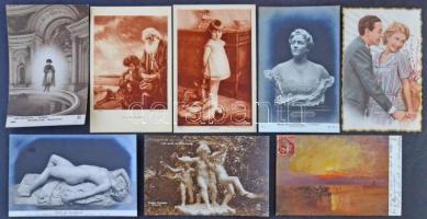 Egy doboznyi (kb. 1500 db) RÉGI motívum képeslap; szobrok, művészlapok, üdvözlőlapok / Cca. 1500 pre-1945 motive postcards in a box; sculptures, art, greetings