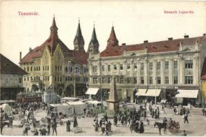 1912 Temesvár, Timisoara; Kossuth Lajos tér, villamos, piaci árusok, Weisz Sándor, Wilheim Fülöp, Goldmann, Haring Gusztáv, Gaszner Ferenc üzlete, Délmagyarországi Jelzálog Hitelbank Rt. fiókja. Kiadja Gerő Manó / square, tram, market vendors, shops, bank