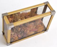 Szárított virágokból álló kompozíció, üveg-fém dobozkában, 12,5x18,5x5,5 cm