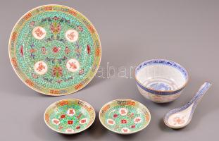 Kínai porcelán tálkák, 4 db + 1 db kanál, hibátlanok, d: 10 és 20 cm között