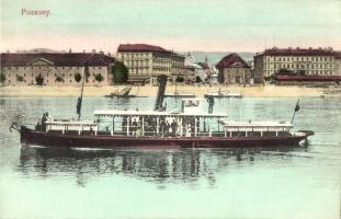 Pozsony, Pressburg, Bratislava; "Pozsony" csavargőzös, átkelőhajó előkelő utasokkal. Divald Károly 1713-1907. / screw passenger steamer, steamship