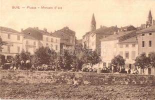 1912 Buje, Buie; Piazza, Mercato duva, Albergo alla Posta / Szőlőpiac a téren, piaci árusok, szálloda / grape market, vendors, square, hotel (EK)