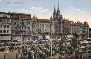 1914 Zagreb, Zágráb; Jelacicev trg / Jellasics tér, villamos Bensdorp Cacao kakaó reklámmal, piaci árusok, bank, üzletek / square, tram with cocoa advertisement, market vendors, bank, shops
