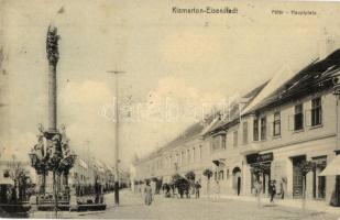 1909 Kismarton, Eisenstadt; Hauptplatz / Fő tér, Szentháromság szobor (Pestis oszlop), üzlet. Kiadja Korn Victor / main square, Holy Trinity statue, shop