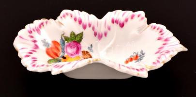 Herendi porcelán gyümölcsös leveles tálka, kézzel festett, jelzett, hibátlan, 14×8 cm