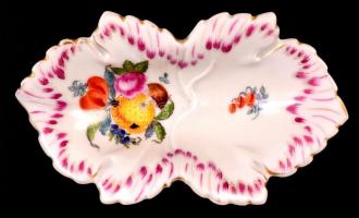 Herendi porcelán gyümölcsös leveles tálka, kézzel festett, jelzett, hibátlan, 14×8 cm