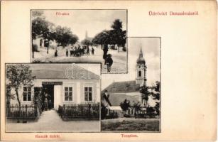 Dunaalmás, Fő utca, Kuszák Gyula üzlete, templom