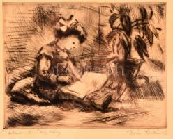 Iván Szilárd (1912-1988): Rajzoló kislány. Rézkarc, papír, jelzett, üvegezett keretben, 15×19 cm