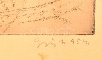 Olvashatatlan jelzéssel: Falu télen. Rézkarc, papír, üvegezett keretben, 28×37 cm