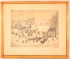 Olvashatatlan jelzéssel: Falu télen. Rézkarc, papír, üvegezett keretben, 28×37 cm