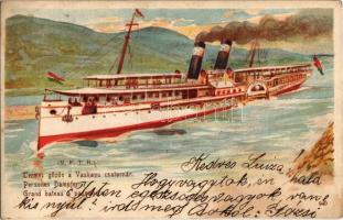 1903 Vaskapu-csatorna, Portile de Fier; Deák Ferencz (később Dunagyöngye) gőz. kerekes személyhajó, termes gőzös / Hungarian passenger steamship. litho s: Heyer