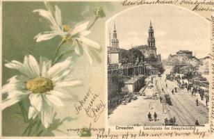 1900 Dresden, Landeplatz der Dampfschiffe / wharf, pier, quay, tram, omnibus. Verlag Gebr. Schelzel. Art Nouveau, floral litho frame