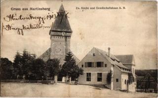 1913 Mártonhegy, Martinsberg, Somartin; Evangélikus templom, Polgári kör / Ev. Kirche und Gesellschaftshaus A.B. Josef Briegel Fotograf / Cetatuia de pe Straja / church and society house (Rb)