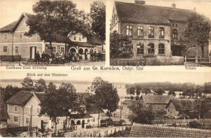 Karwica, Kurwien (Ruciane-Nida); Gasthaus Emil Klötzing, Schule, Blick auf den Niedersee (Jezioro Nidzkie) / guest house and inn of Emil Klötzing, school, lake (EK)