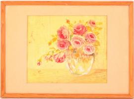 Concha jelzéssel: Rózsás csendélet. Akvarell, papír, foltos, üvegezett keretben, 28×33 cm