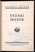 Csekey István: Északi írások. Bp., 1928, Pfeifer Ferdinánd, (Stádium-ny.), 228+2 p. Átkötött aranyozott gerincű félvászon-kötés, kopott borítóval, foltos lapokkal. A szerző, Csekey István (1889-1963) jogász, egyetemi tanár által dedikált.