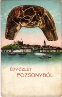 Pozsony, Pressburg, Bratislava; Schwappach Ágost Pozsonyi Patkó reklámlap, pozsonyi kiflis üdvözlőlap / greeting card with walnut croissant, advertisement