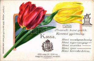 Kassa, Kosice; Franck kávé-pótlék tulipános hazafias reklámlapja. Tulipán szójegy alatt 1906. április 6-án 257. szám alatt beiktatva / Franck coffee-substitute advertisement, tulip patriotic litho (EK)