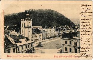 1901 Besztercebánya, Banska Bystrica; Béla király tér a toronyból nézve, Herritz János üzlete. Ivánszky Elek kiadása / square with shop