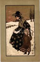 1908 Lady with daughter. M. Munk Vienne Nr. 195. litho s: E. Parkinson