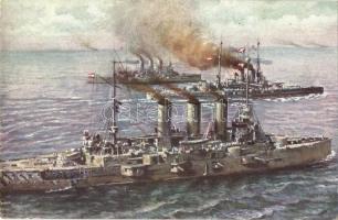 Weltkrieg 1914-1916. Österr.-ung. Flottenabteilung zur See / Osztrák-magyar hadihajó osztag a tengeren / WWI Austro-Hungarian Navy K.u.K. Kriegsmarine naval squadron, SMS Kaiser Karl VI, SMS Sankt Georg, SMS Helgoland (EK)