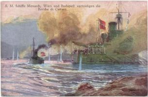 SM Schiffe Monarch, Wien und Budapest verteidigen die Bocche di Cattaro. K.u.K. Kriegsmarine. Postkartenverlag Brüder Kohn / Az Osztrák-Magyar Haditengerészet SMS Monarch, SMS Wien és SMS Budapest Monarch-osztályú partvédő páncélosai a Kotori-öblöt védelmezik / WWI Austro-Hungarian Navy Monarch-class coastal defense ships defend the Bay of Kotor s: Alex Kircher