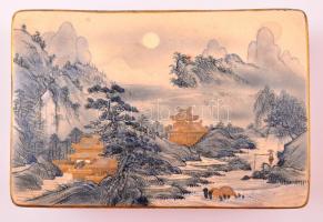Kínai fajansz tájképes kínáló, kézzel festett, jelzett, kis kopásnyomokkal, 19×13×6 cm