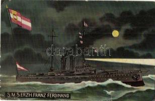 1913 SMS Erzherzog Franz Ferdinand Osztrák-Magyar Haditengerészet Radetzky-osztályú csatahajója este / K.u.K. Kriegsmarine / Austro-Hungarian Navy Radetzky-class pre-dreadnought at night, naval flag. G. Fano No. 61. (szakadás / tear)