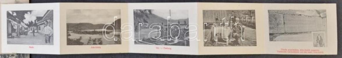 Ada Kaleh, törökök csoportképe török zászlókkal. Leporellolap belül bazárral és Bego Mustafaval; Ali...