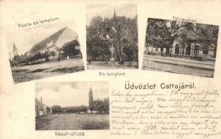 1908 Gátalja, Gáttája, Gataia; posta, templom, vasútállomás, Vasút utca / post office, church, railway station, street
