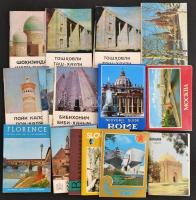 Vegyes kisnyomtatvány tétel: 10 db külföldi turisztikai ismertető füzet, útikönyv + 9 sorozat modern képeslap (összesen 100 db)