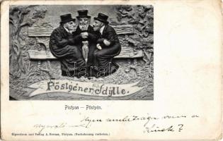 1900 Pöstyén, Pistyan, Piestany; Zsidó férfiak, judaika / Pöstyéner Idyll. Eigenthum und Verlag A. Bernas / Jewish men sitting on a bench. Judaica art postcard (EK)