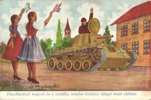 Harckocsival megyek én a csatába, minden kisleány integet majd utánam / WWII Hungarian military art postcard, soldier with tank s: Kluka (EK)