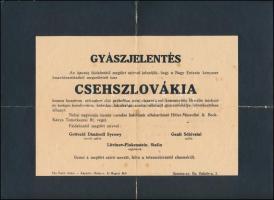 1938 Csehszlovákiát temető szarkasztikus gyászjelentés a bécsi döntés után 23x30 cm