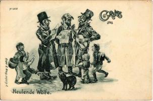 Gruss aus Heulende Wölfe. Regel & Krug Leipzig No. 3007. / Howling wolves. Jewish men singing. Judaica mocking art postcard