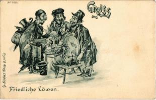 Gruss aus Friedliche Löwen. Regel & Krug Leipzig No. 3006. / Peaceful lions. Jewish vendors. Judaica mocking art postcard (EK)