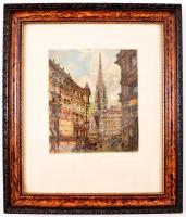 Olvashatatlan jelzéssel: Bécs, Graben, színezett rézkarc, papír, üvegezett fa keretben, 16,5×14,5 cm