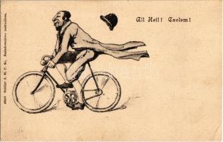 All Heil! Czolem! Schiller S.M. P. Kr. / Polish Jewish man on bicycle. Judaica art postcard (EK)