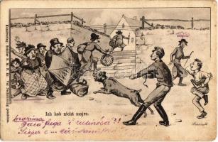 Ich hob nicht morje. Schiller S.M. P. Kr. / Polish Jewish family attacked by a dog. Judaica mocking art postcard (EK)