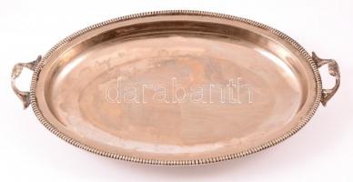 Gazdagon díszített alpakka ételszervírozó, füleknél forrasztások, jelzett (Manar), 44×29 cm