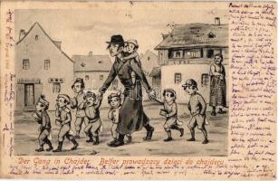 Der Gang in Chajder. S.M.P. Kr. 1902. / Belfer prowadzacy dzieci do chajderu / Jewish mocking art postcard, Judaica