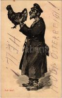 Fett fein! / Jewish man with chicken. Humorous Judaica mocking art postcard. S.M.P. Cracovie 1914. No. 90. + Kommando der K.u.K. 1/12. Sappeurkompagnie